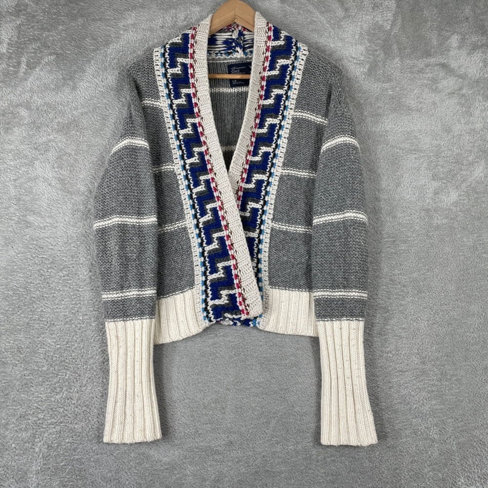 American Eagle Cardigan Womens Large Gray Striped Chunky Wool Blend Y2K